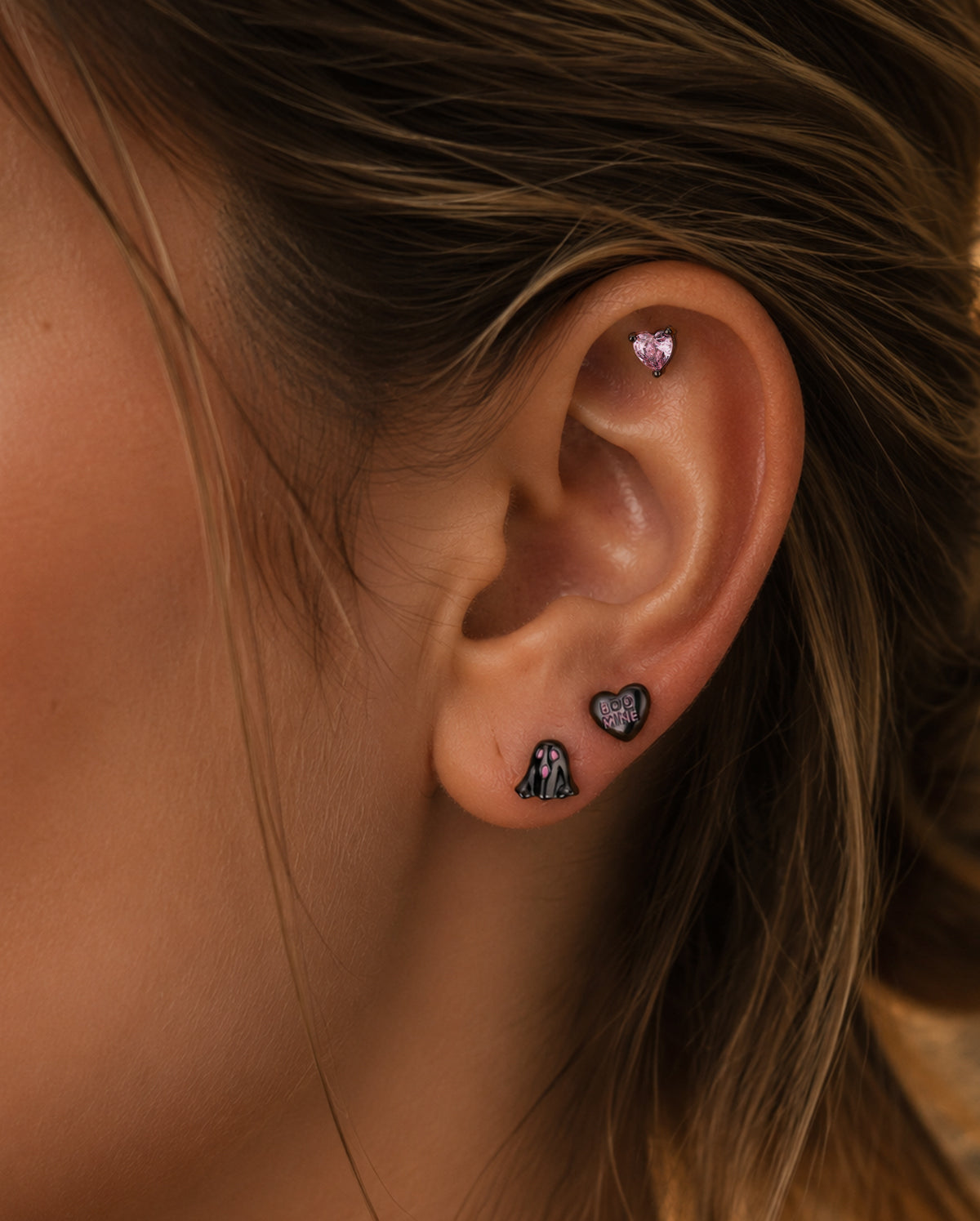 Pink Ghost Heart Helix piercing