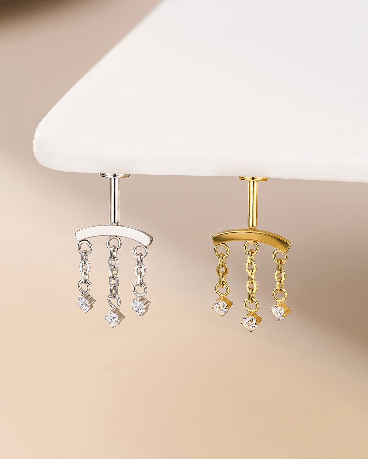 OUFER Triple Chain CZ Vertical Helix Threadless Stud