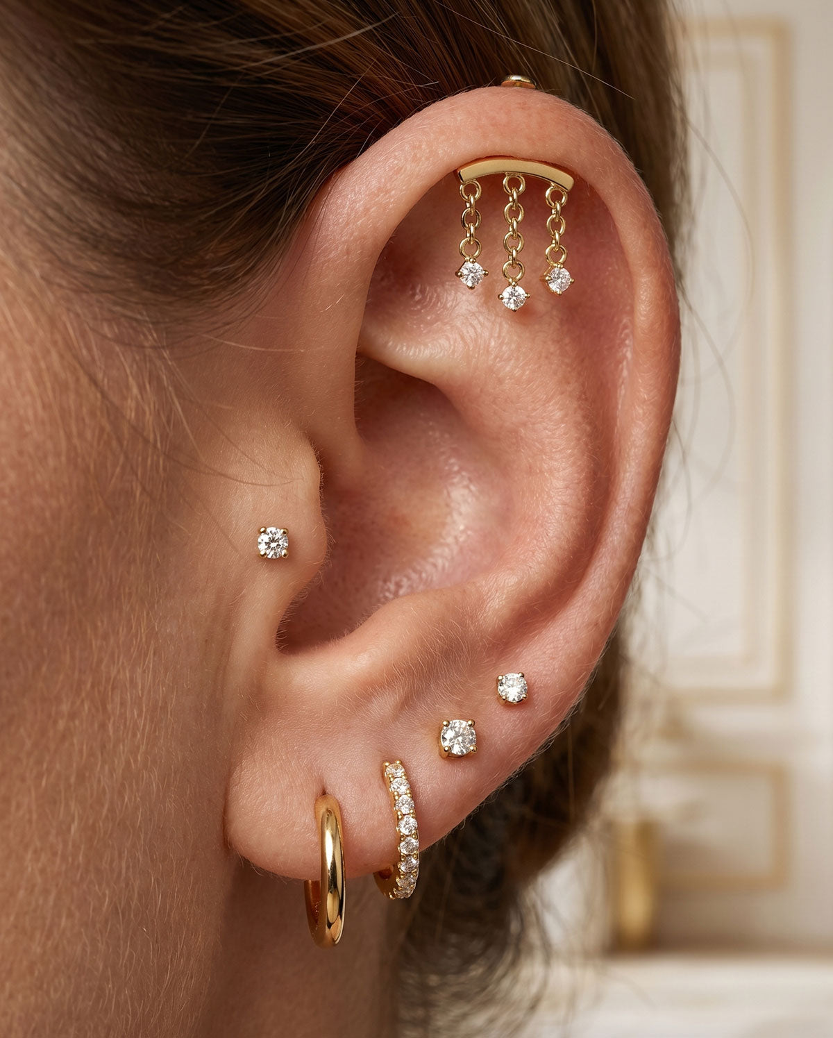 Triple Chain CZ Vertical Helix Threadless Stud
