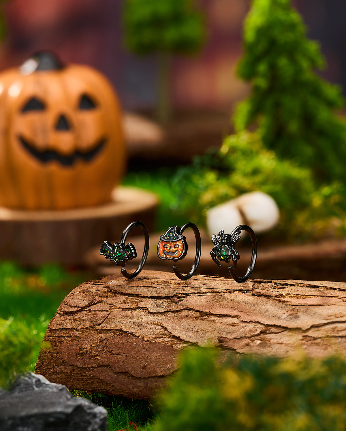 3PCS Bat Pumpkin Spider Glitter Seamless Nostril Hoop Set