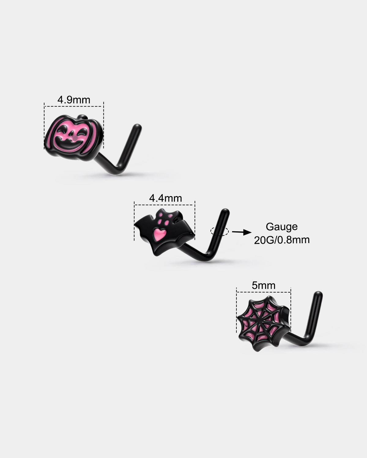 3PCS Bat/ Web/ Pumpkin Pink Halloween Nose Stud Set