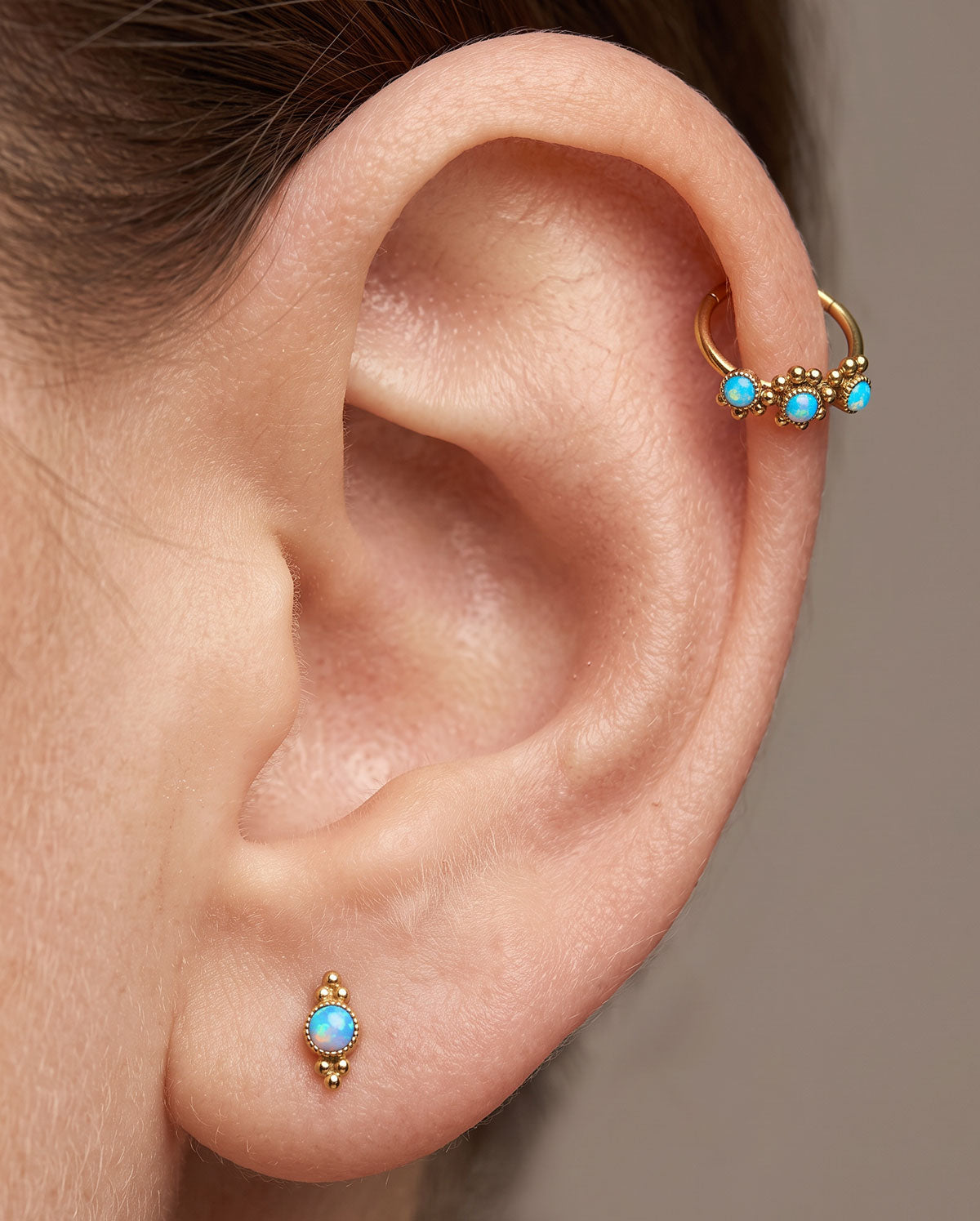 Triple Synthetic Synthetic Opal Beaded Side Nose Hoop