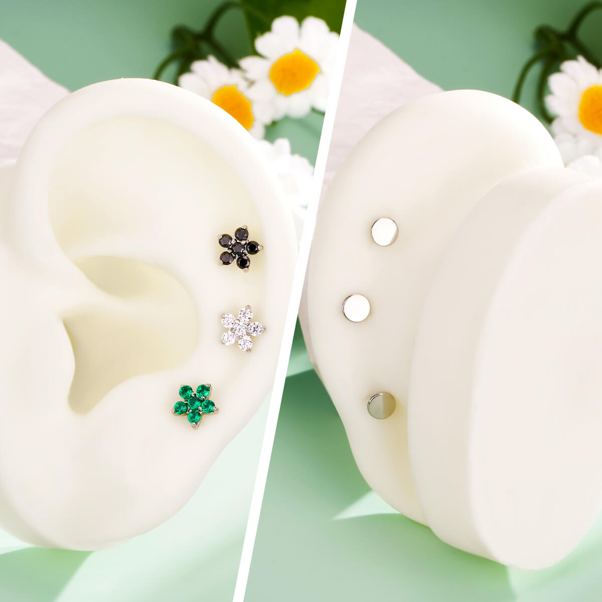 green flower cartilage earring