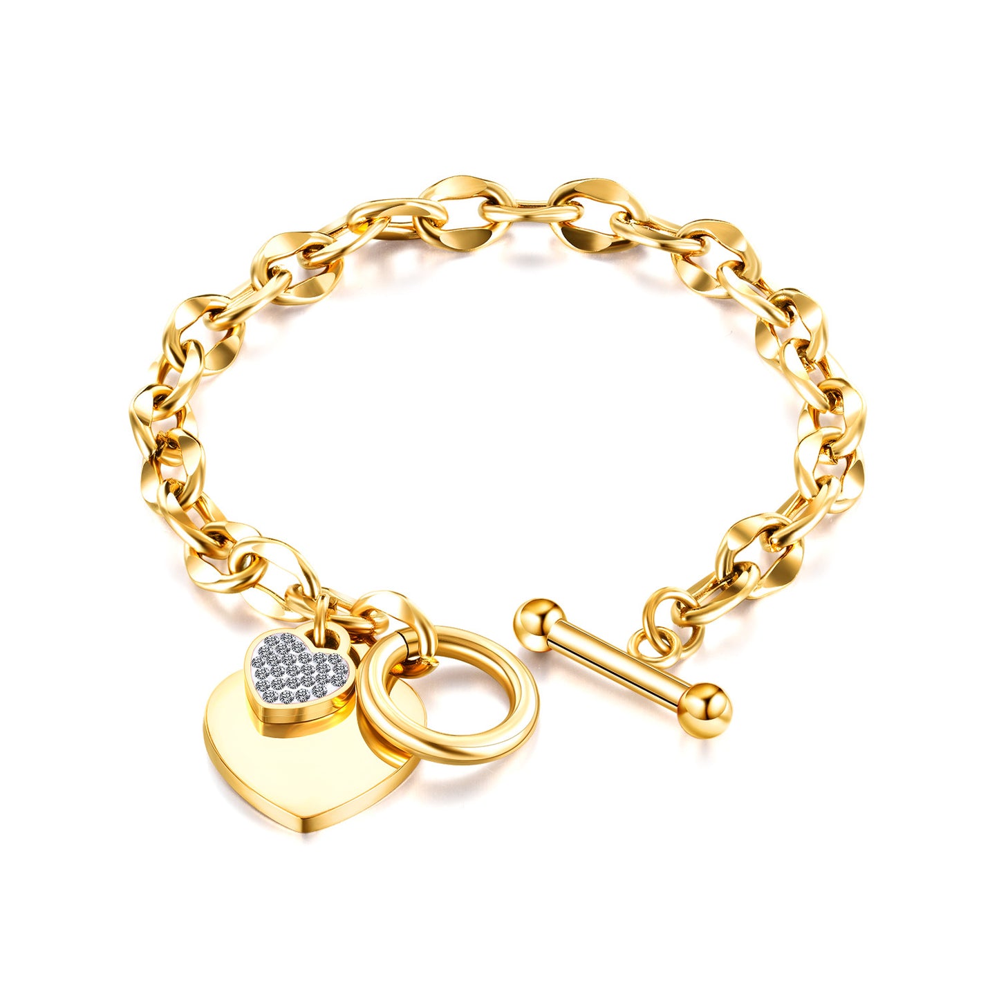 Oufer CZ Heart Charm T-Bar Chunky Chain Bracelet For Woman/Daily/Party