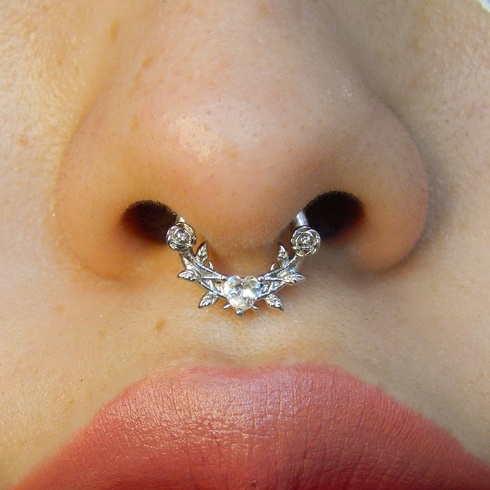 16G Rose Love Heart CZ Gem Clicker Septum Ring