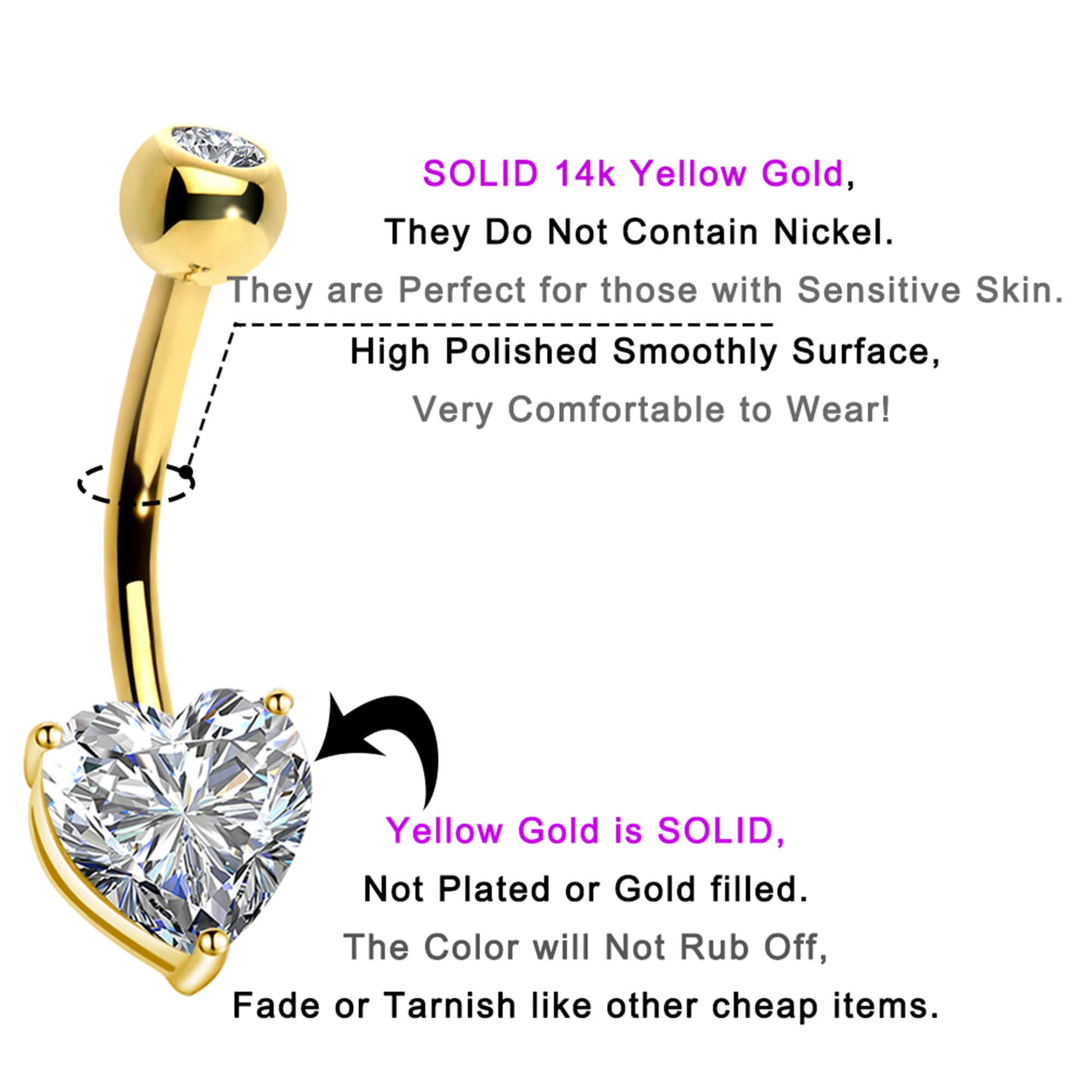 14K Gold Belly Button Rings 14G Heart Solitaire CZ Navel Ring - OUFER BODY JEWELRY 