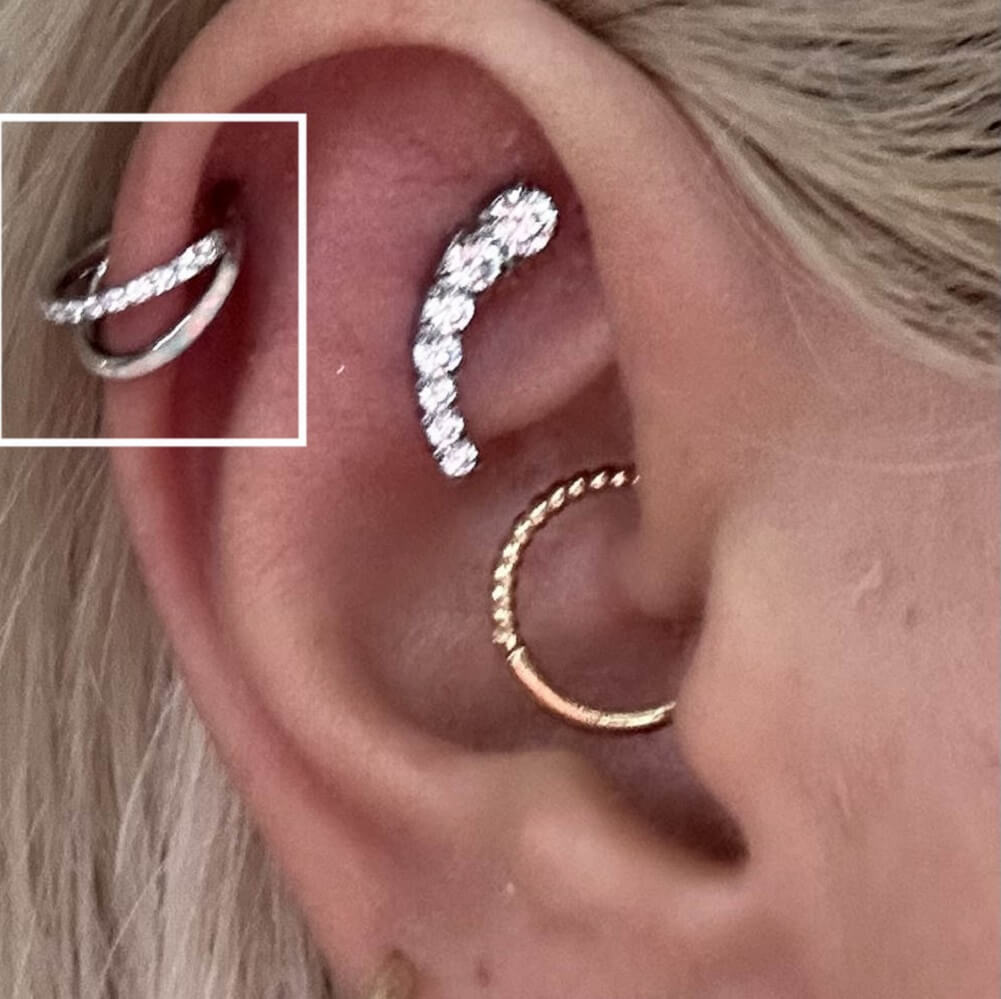 16G Double Hoop CZ And Opal Helix Daith Earring