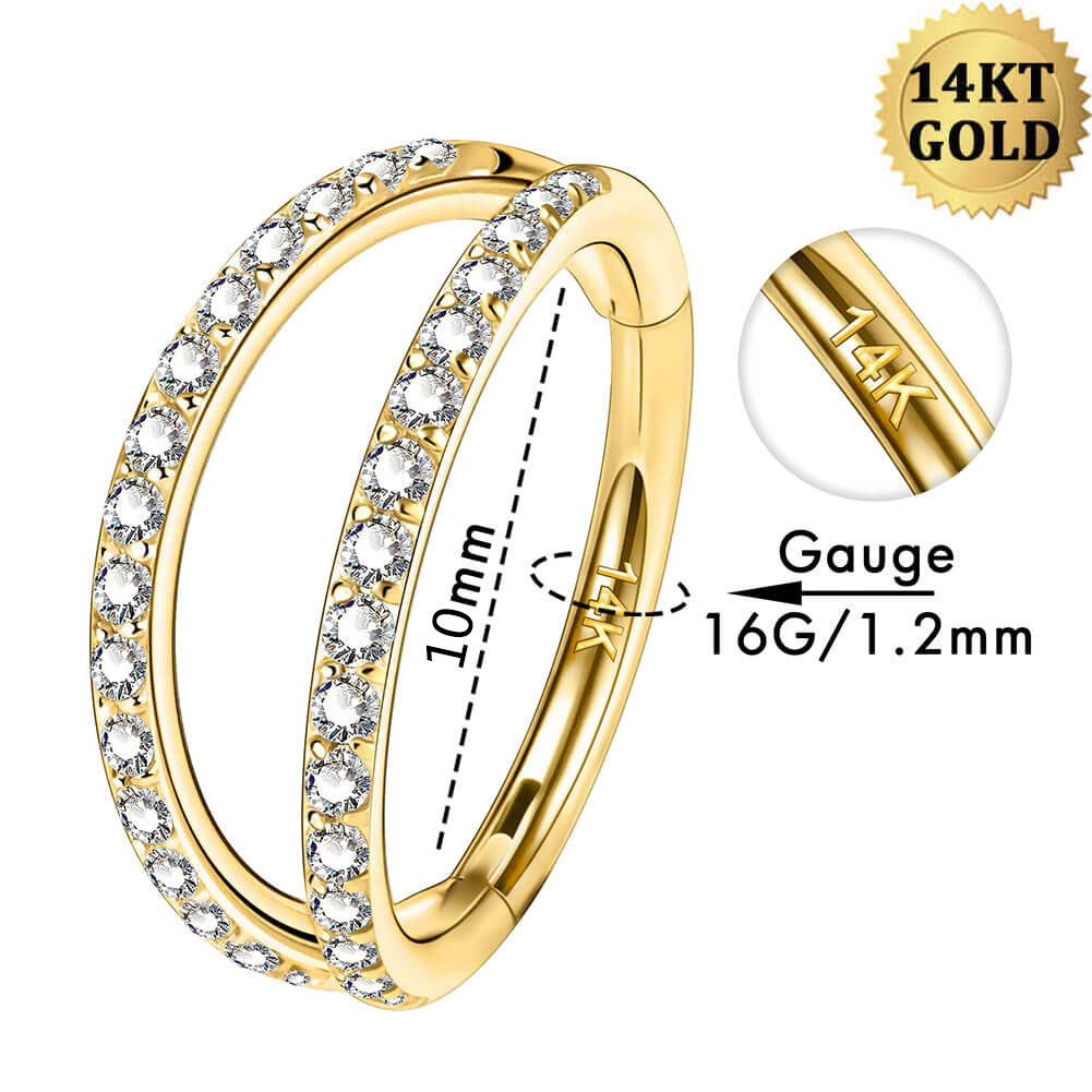 14K Gold Double Row CZ 16G Daith Helix Earrings Septum Ring