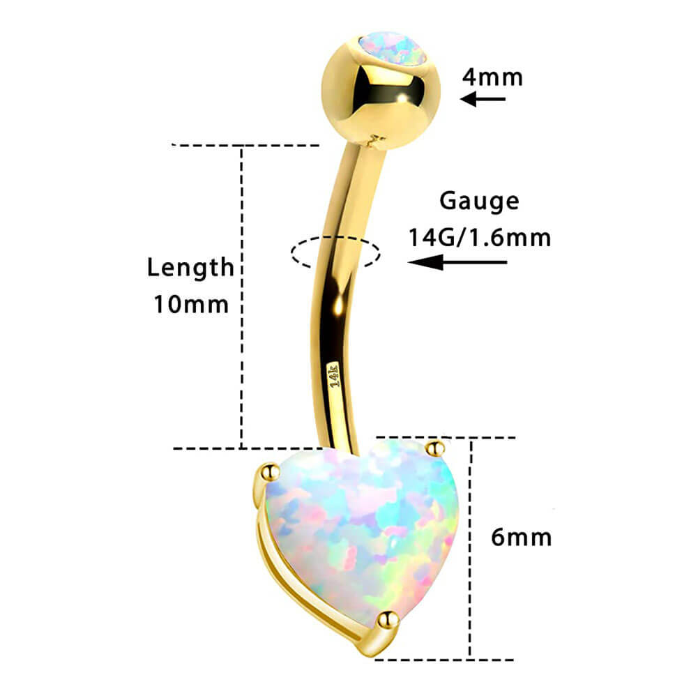 14K Gold Heart Opal Belly Button Ring 14G Navel Ring