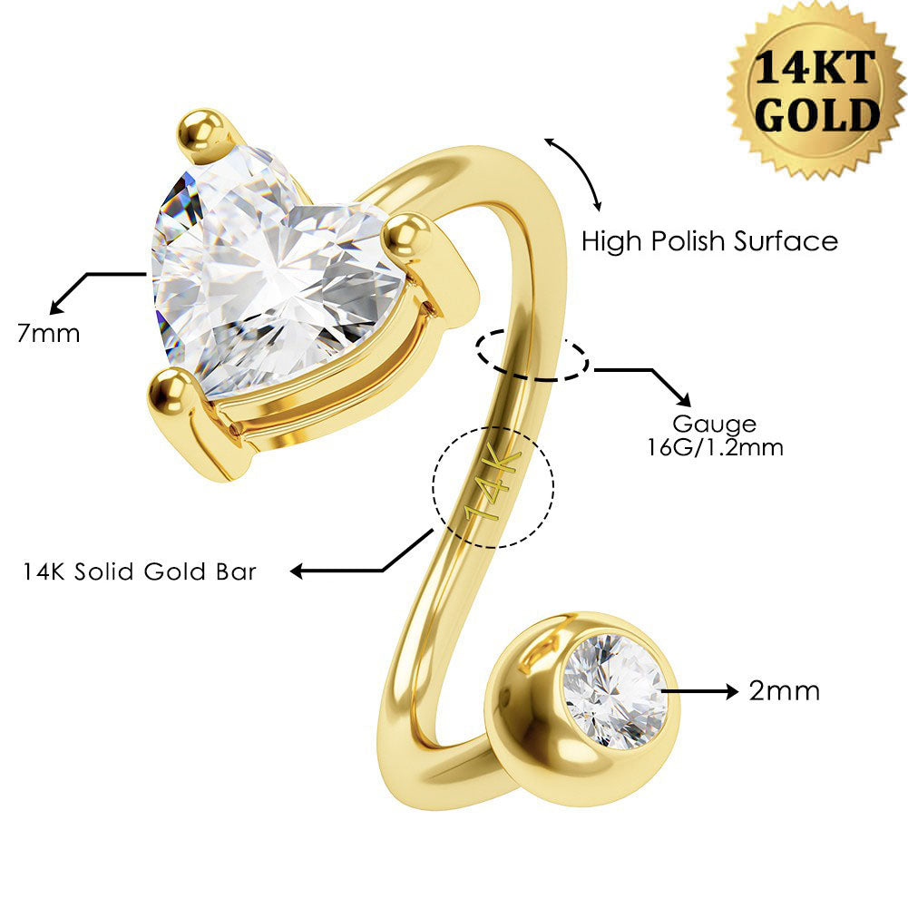 14K Gold Heart CZ S-Shaped Cartilage Earring