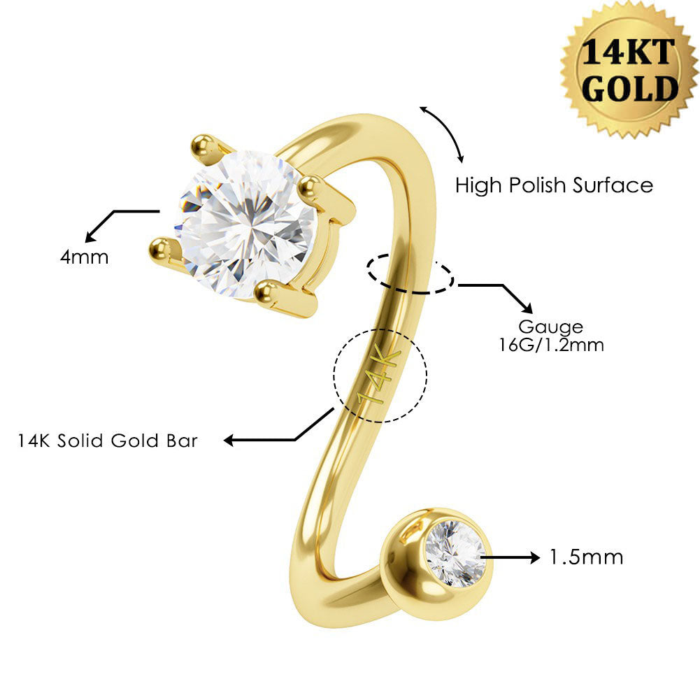 14K Gold 16G Round CZ S-shaped Cartilage Helix Earring