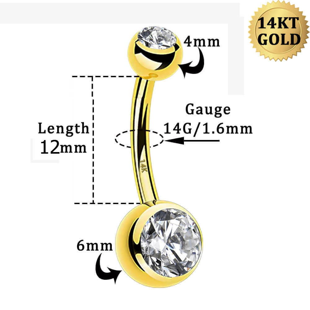 14K Gold Round CZ Belly Ring 14G Navel Ring