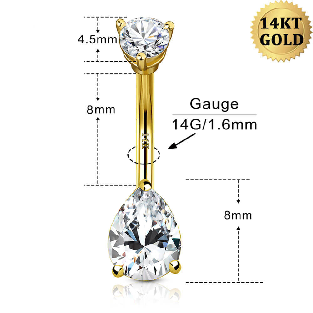 14KT Gold Teardrop CZ Belly Button Rings 14G Navel Ring