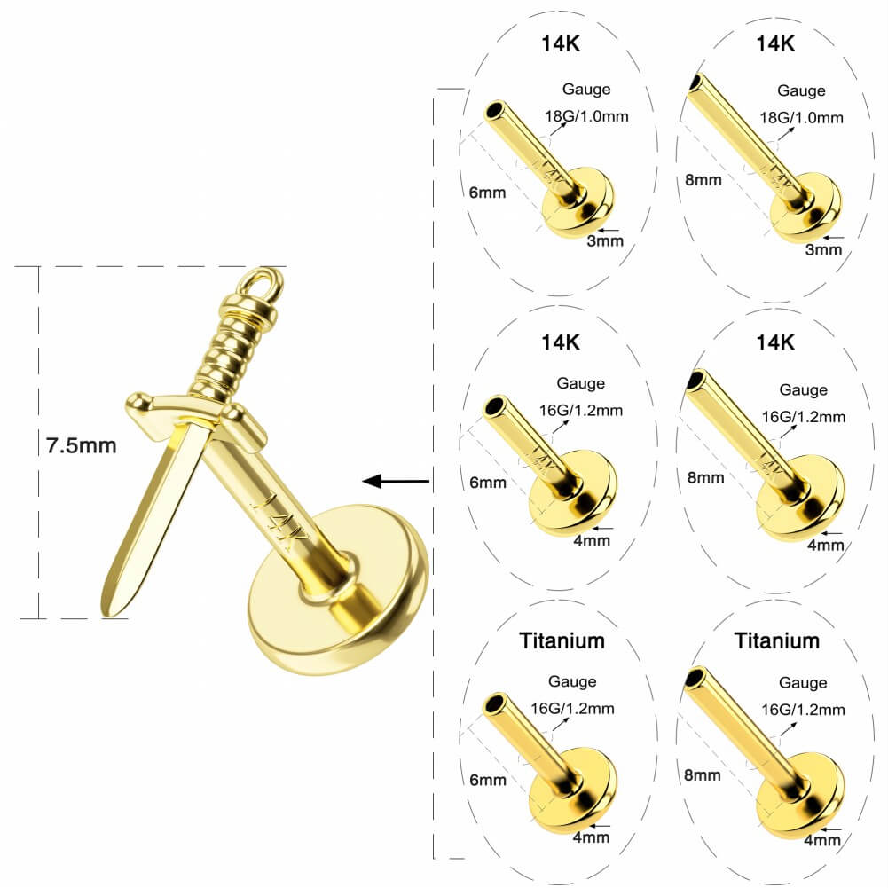 14K Gold Dagger Threadless Push Pin Labret Nose Stud