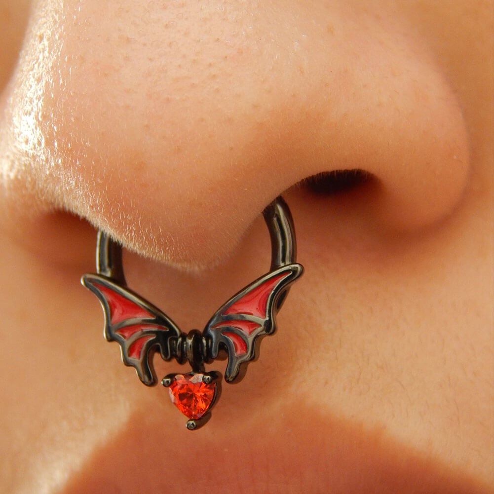 16G Bat Wings Dangle Heart CZ Septum Hoop