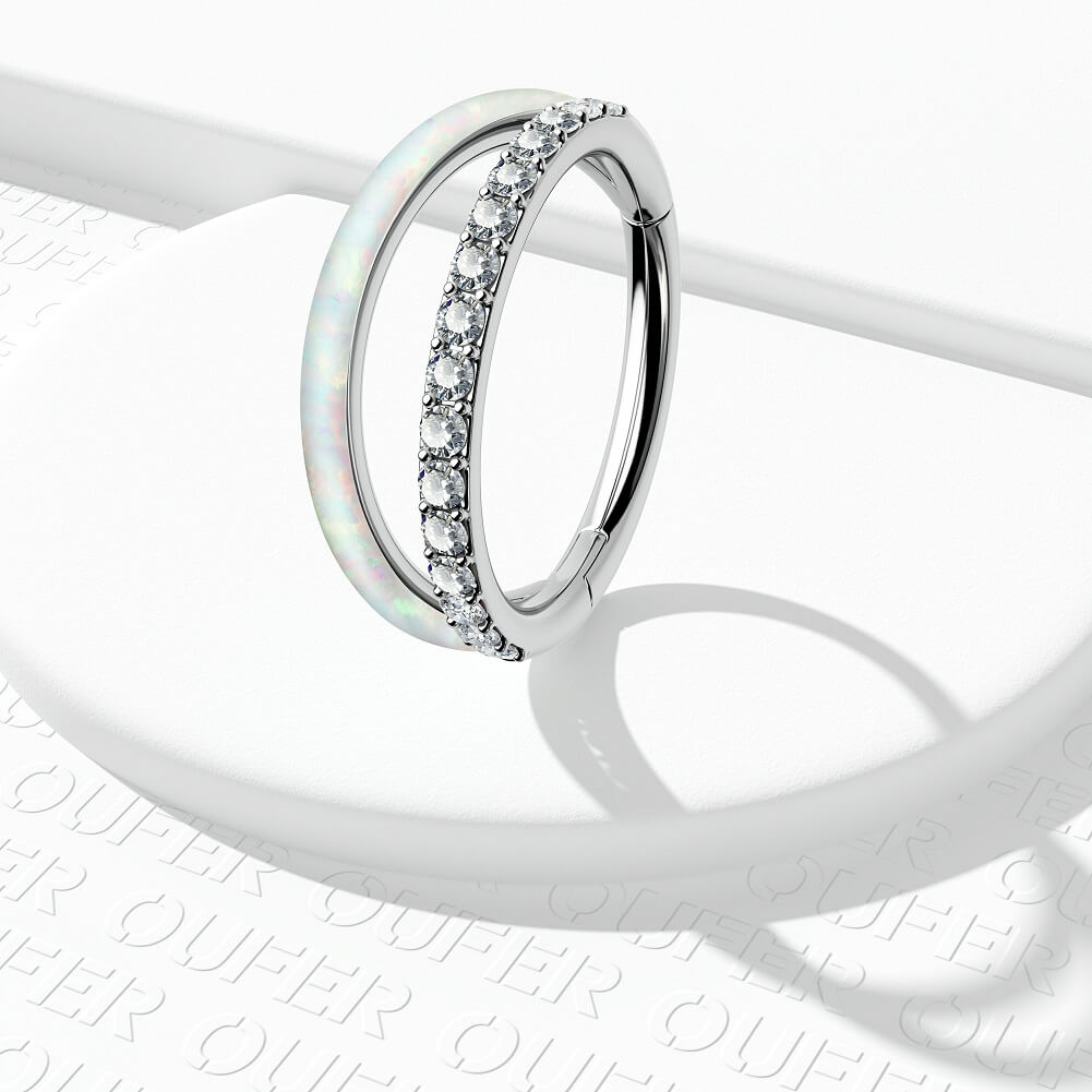 Double Hoop CZ & Opal Titanium Helix Ring