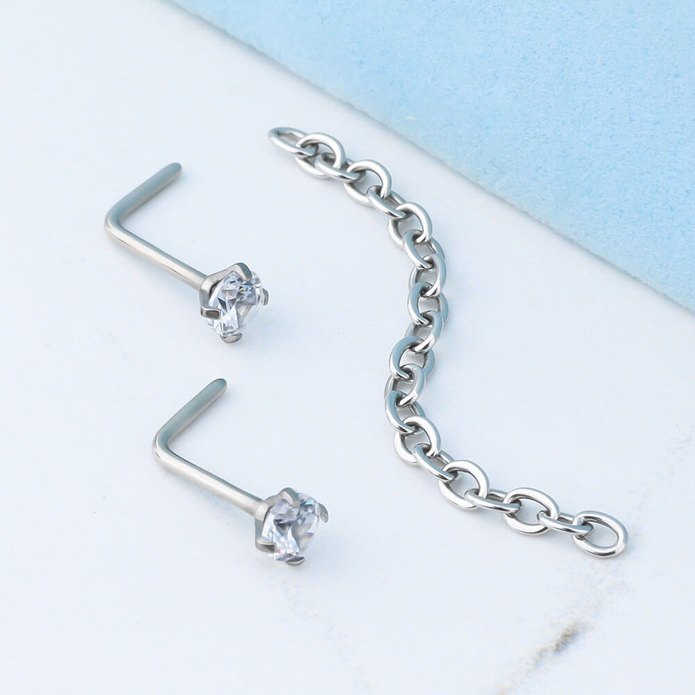 L-Shaped CZ Nose Stud Chain
